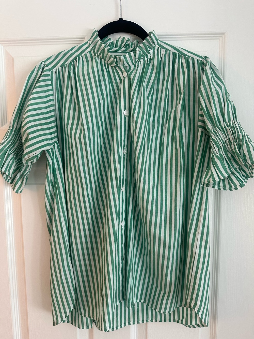 Milly Green & White Striped Short-Sleeve Shirt - Classic Button Front